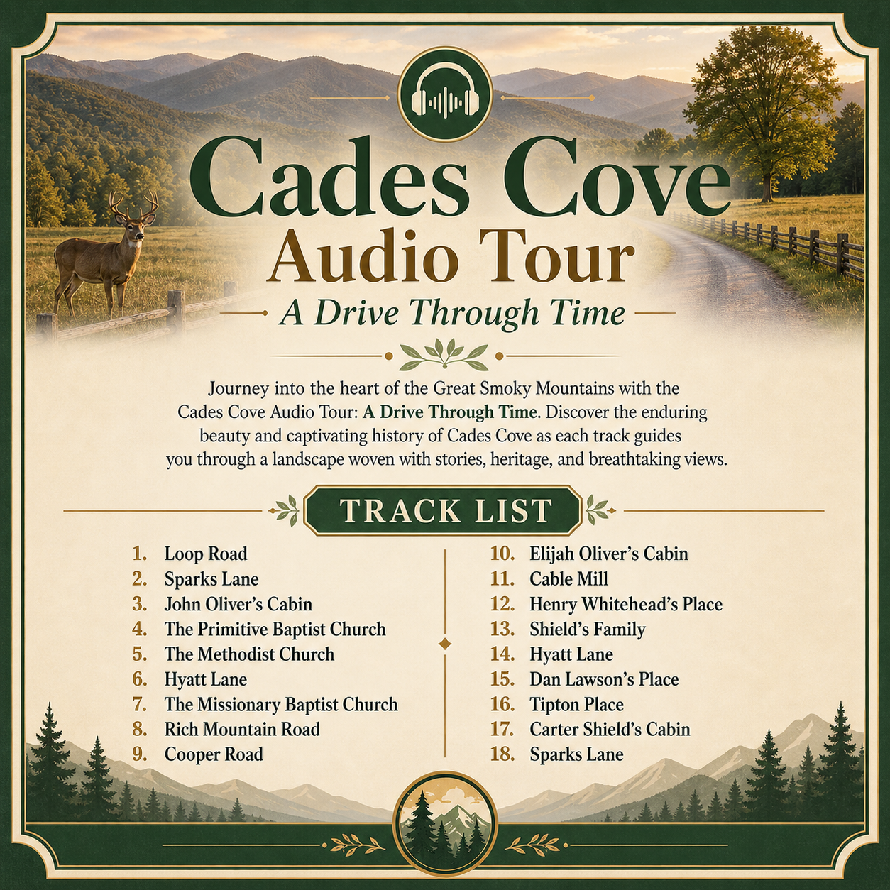 Cades Cove Audio Tour track list for A Drive Through Time with stops along the Cades Cove Loop Road