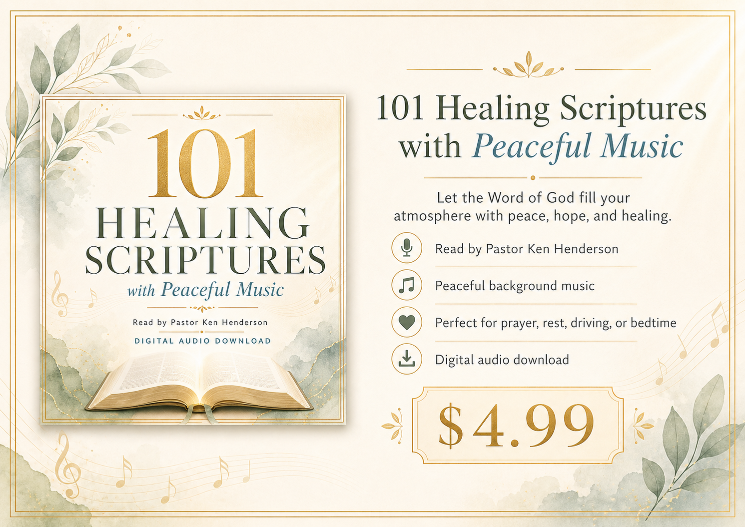 Promo graphic for 101 Healing Scriptures with Peaceful Music showing features and $4.99 price