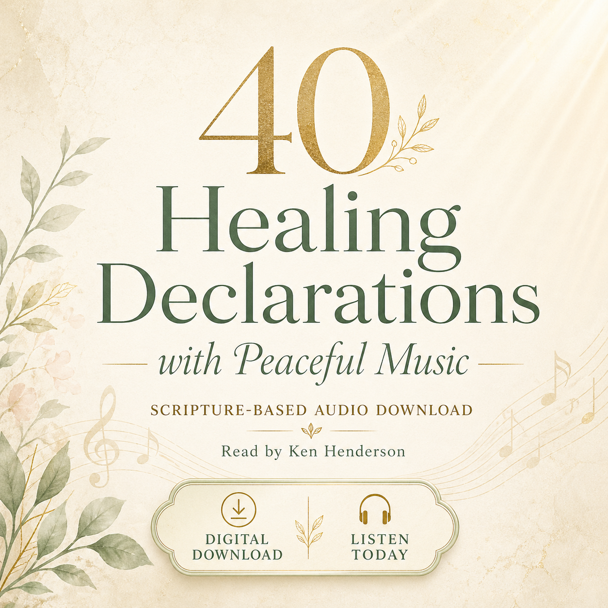 40 Healing Declarations with Peaceful Music scripture-based digital audio download cover, read by Ken Henderson