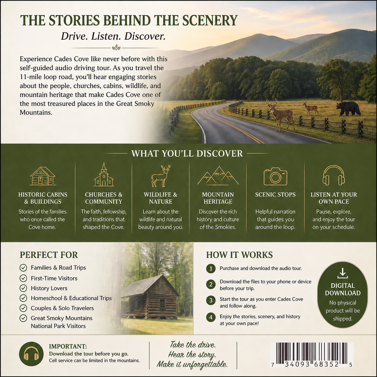 Cades Cove audio tour back cover showing what visitors will discover, how the digital download works, and scenic Smoky Mountain wildlife
